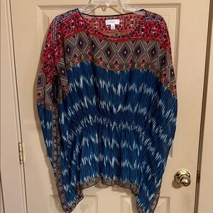 LARA Vibrant Red and Blue Geometric Blouse